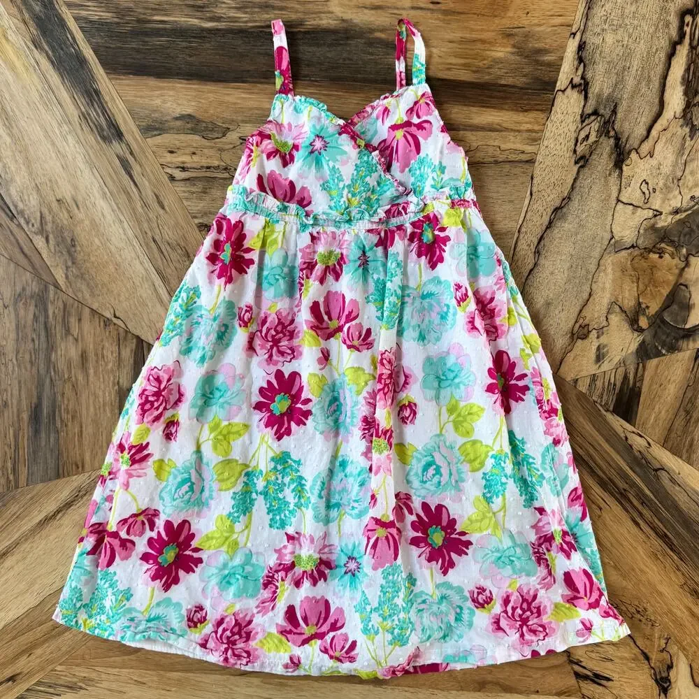 Penelope Mack Girls Floral Smocked Sundress Pink Teal White Lined Size 6 Preppy